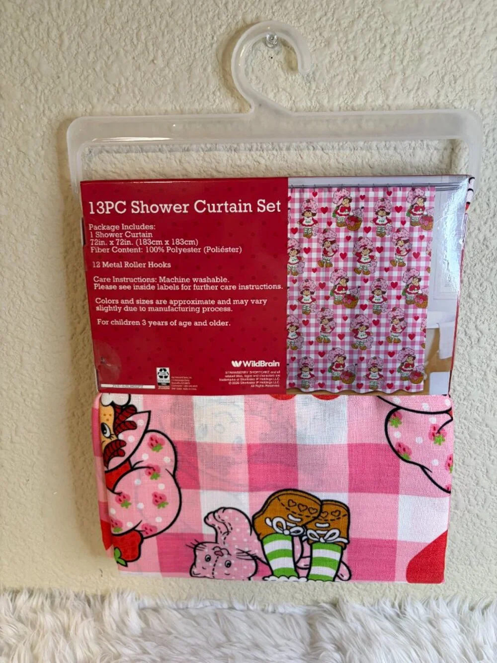 Strawberry Shortcake Shower Curtain Set Pink Gingham Hearts 72x72 NWT